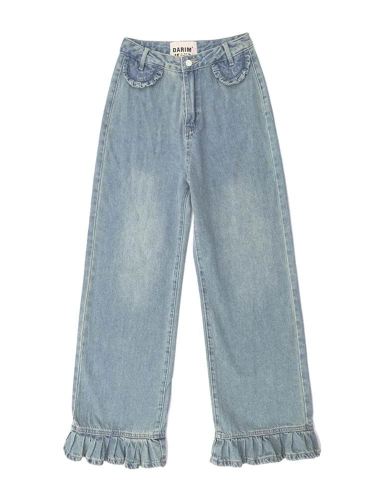 znbbw Ruffled Straight Jeans Women's Korean Baggy Loose High Waist Wdie Leg Washed Flare Denim Pants Mopping Trousers Female Y2K 0410