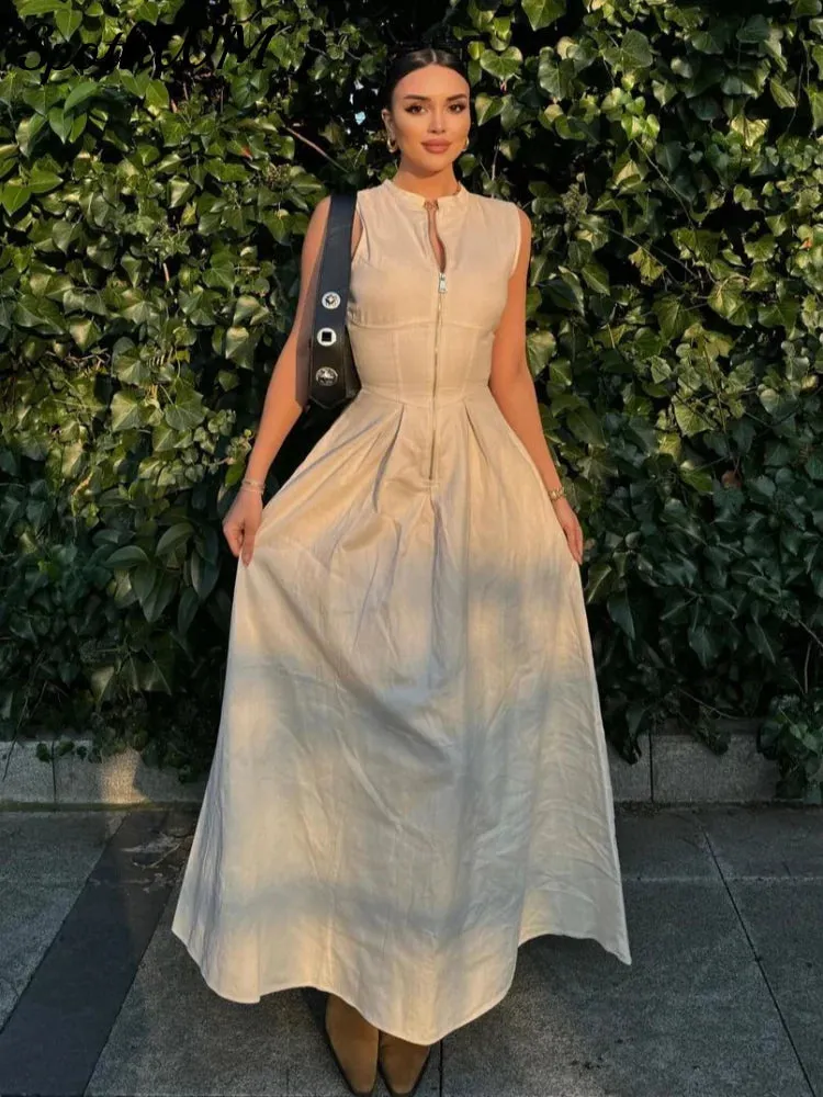 Znbbw Sleeveless Spliced Zipper V-neck Maxi Dress Fashion High Waist Slim Pleated Long Dresses Summer Office Lady Street Robes