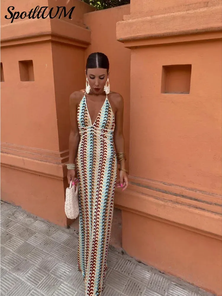 Znbbw Elegant Deep V Striped Halter Dresses Women Sexy High Waisted Sleeveless Backless Vestidos Summer New Lady Party Prom Gown