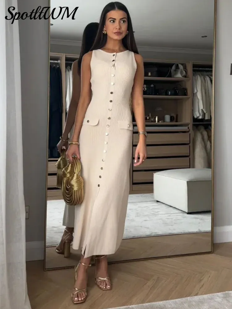 Znbbw Women New Fake Pockets Knitted Long Dress Fashion Single Button O Neck Sleeveless Slim Dresses Elegant Summer Lady Commute Wear