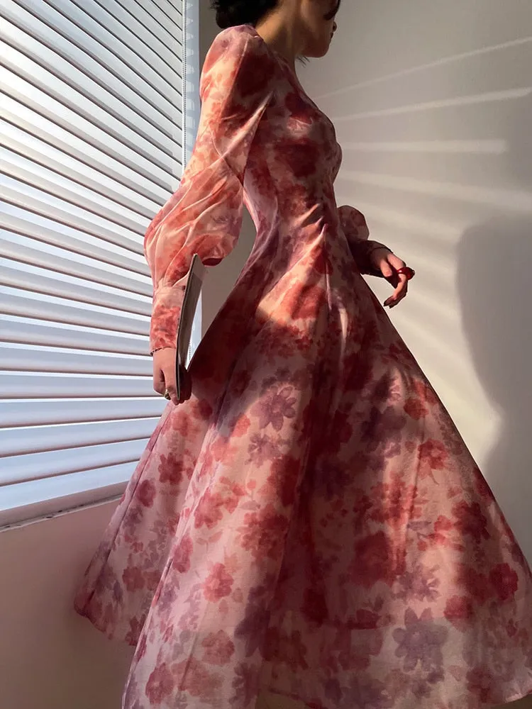 znbbw Romantic Elegant Long Sleeves Print Dresses For Women New Beaded Lantern Sleeve V-neck Midi Vacation Dress Autumn 2023