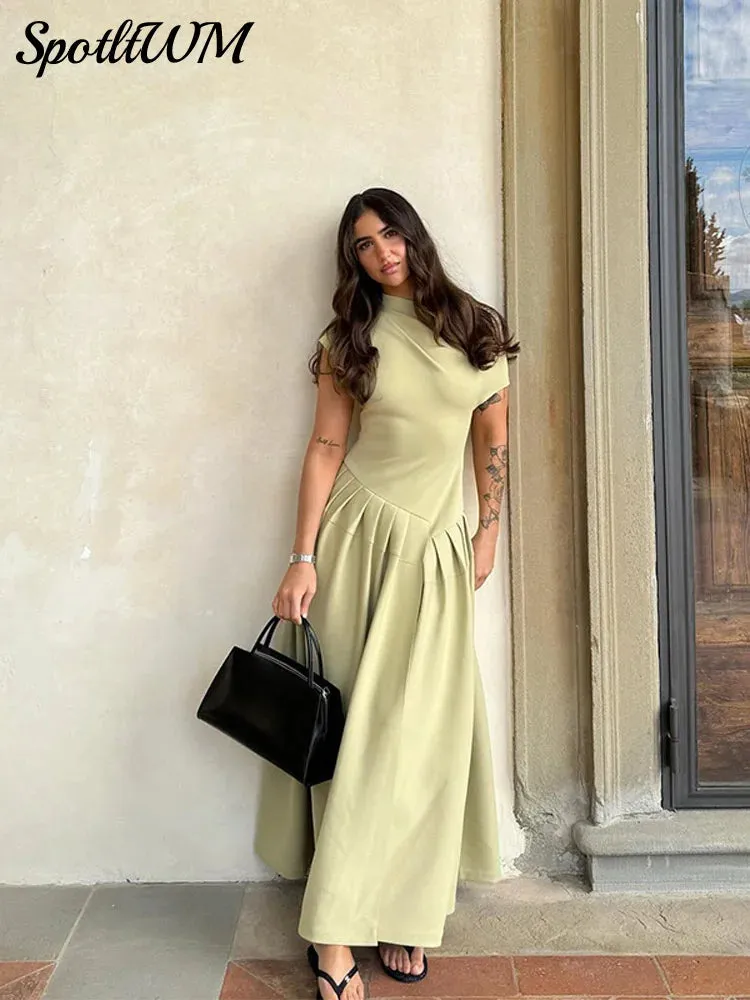 Znbbw Women Elegant Irregular Pleated Dress Fashion O Neck Patchwork Short Sleeve Long Dresses 2024 Sexy Casual Office Lady Streetwear