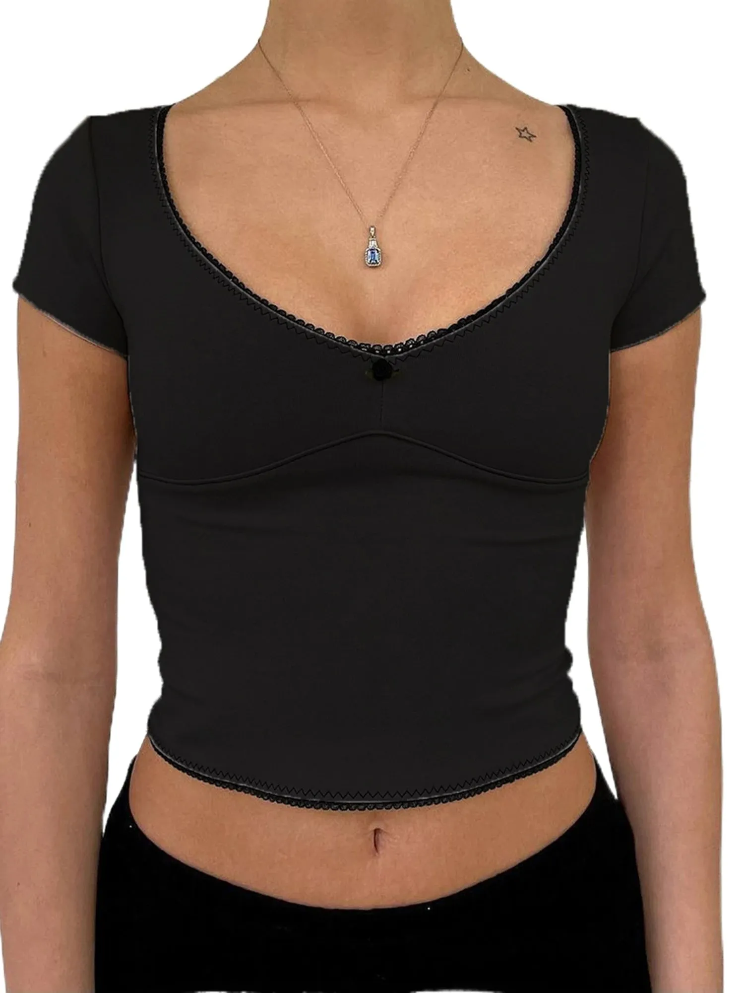 Znbbw Women Y2k 3D Flower Crop Tops Fairy Grunge Short Sleeve T-Shirt Slim Fit Aesthetic T-shirt Tees Summer Vintage Streetwear