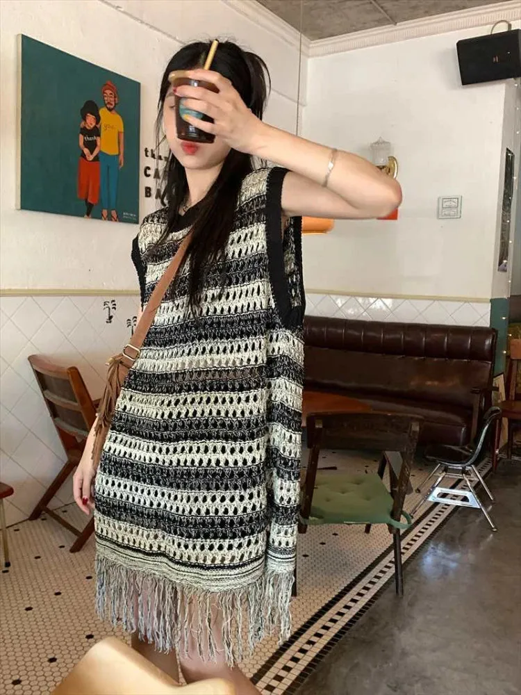 Znbbw Sleeveless Knitted Vest O Neck Striped Hollow Out Tassel Vintage Fashion Chaleco Mujer Casual Loose All Match Long Vests