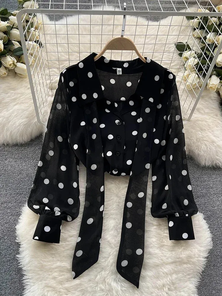 Znbbw Spring Sweet Polka Dot Blouse Western Style Puff Sleeve Age Reduction All-match Chiffon Shirt Tops Female D0353