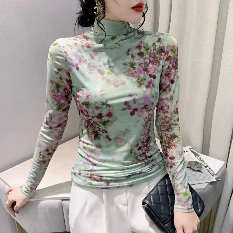 Znbbw Autumn Winter Thick Mesh T Shirt Women Turtleneck Full Sleeve Printed Flowers Base Tees Female Sweet T-shirts FF6617