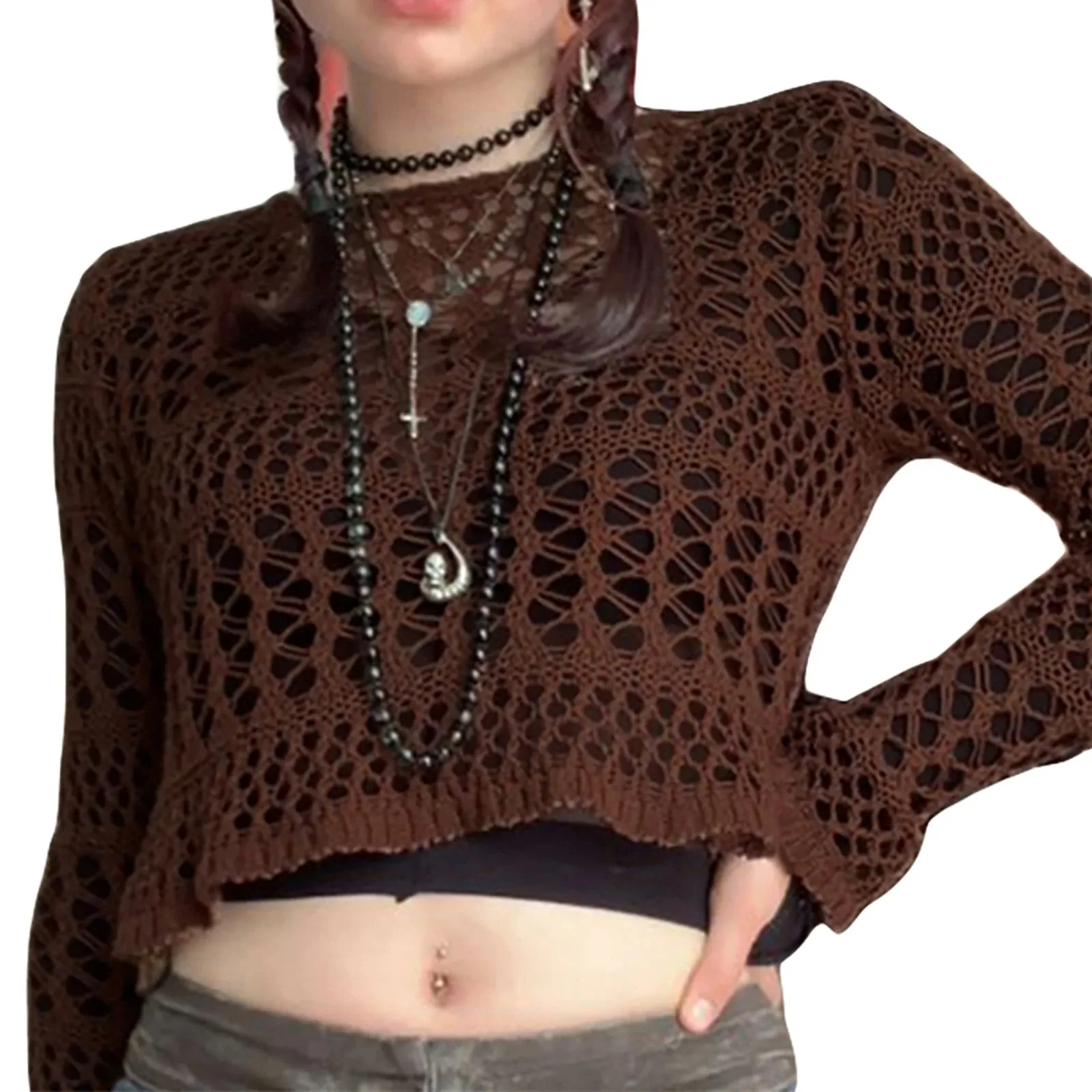 Znbbw Women Autumn Fashion Cropped Knitted Tops Solid Color Cutout Round Neck Long Sleeve Shirts Spring Exposed Navel Streetwear