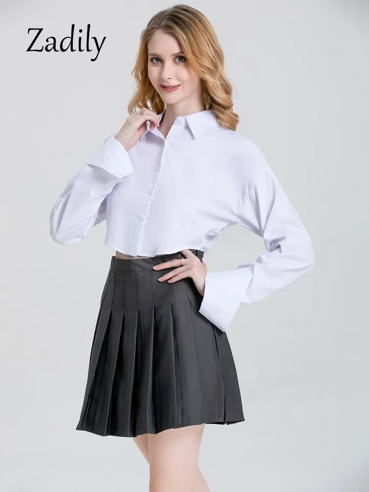 znbbw 2023 Summer Japan Style Long Sleeve Women White Cotton Crop Shirt JK Button Up Minimalist Woman Tops Casual Clothing
