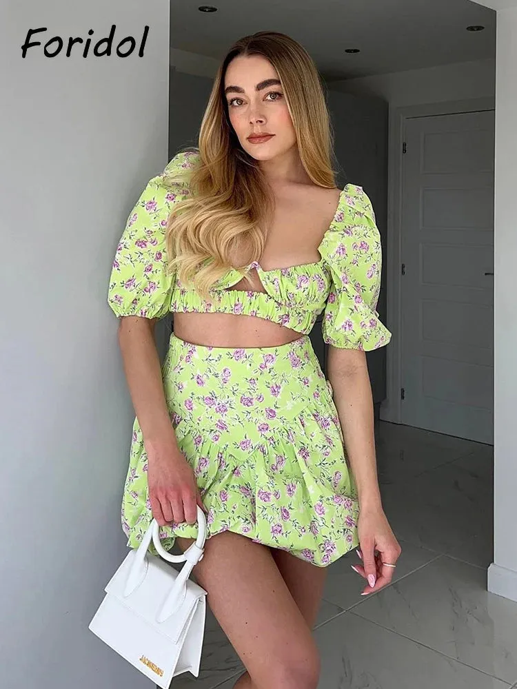Znbbw French Style Pink Flower Green Corset Dress Set Mini Summer Vintage Women Puff Sleeve Dress Sexy Short Dress Beach