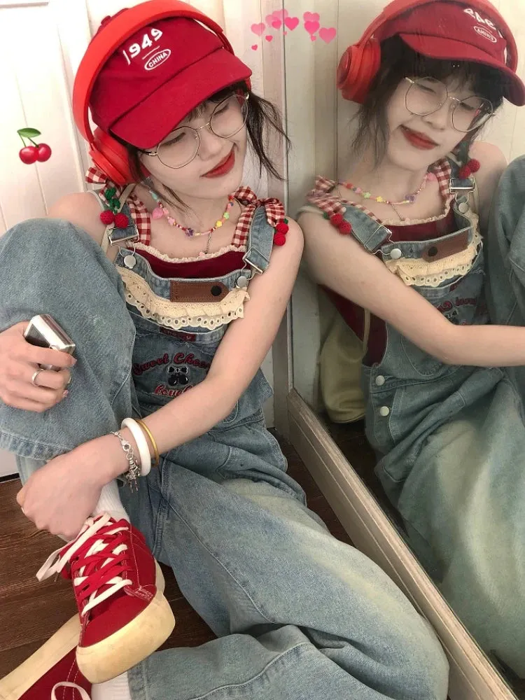 Znbbw Japanese Kawaii Denim Jumpsuits Women Purple Streetwear Sweet Loose Strap Pants Hight Waist Korean Vintage Jeans Female