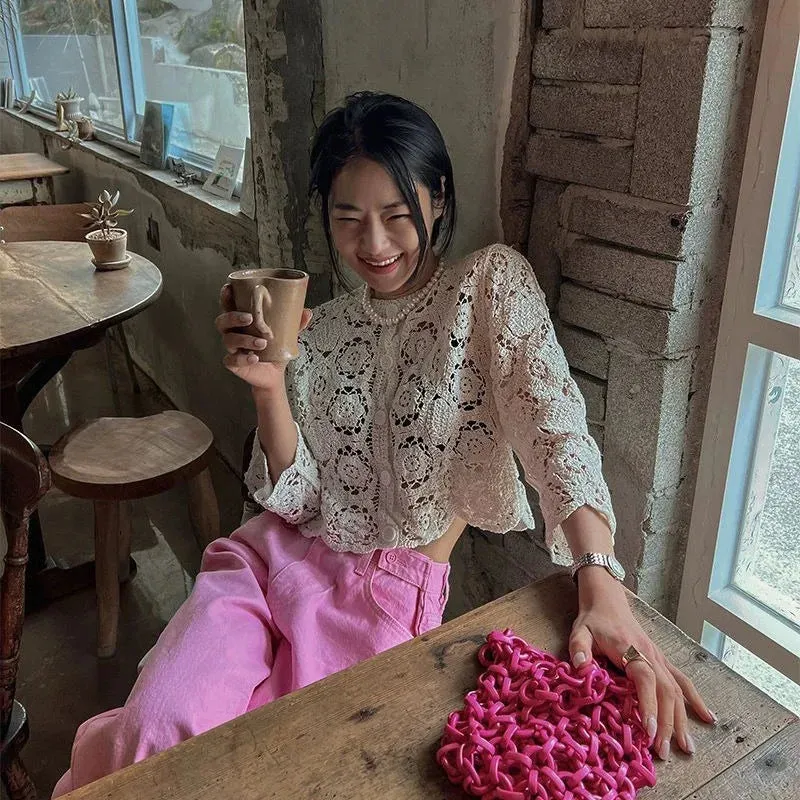 Znbbw Vintage Lace Hollow Knitted Embroidery Design Short Outerwear Cardigan Sunscreen Clothing Women's Top Thin