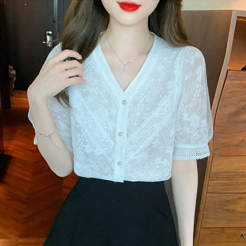 Znbbw Short Sleeve White Blouse Women Blusas Mujer De Moda 2023 Verano V-Neck Lace Blouse Shirt Women Tops Shirts Blouses B292