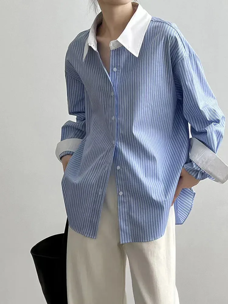 Znbbw Patchwork Shirt for Women Summer Loose Lapel Office Ladies Long Sleeve Blouses Korean Chic Elegant All-Match Button Tops