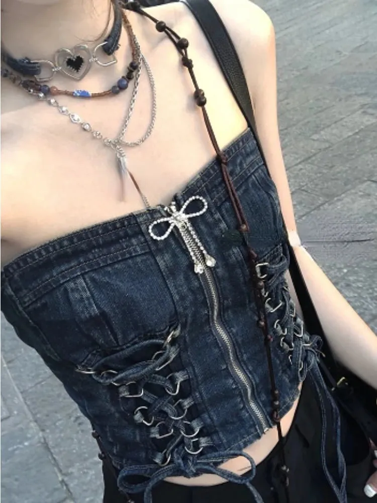 Znbbw Vintage Y2k Sleeveless Crop Tops Women Backless Sexy Party Denim Corset Women Bandage Korean Fashion Casual Vest 2024 New