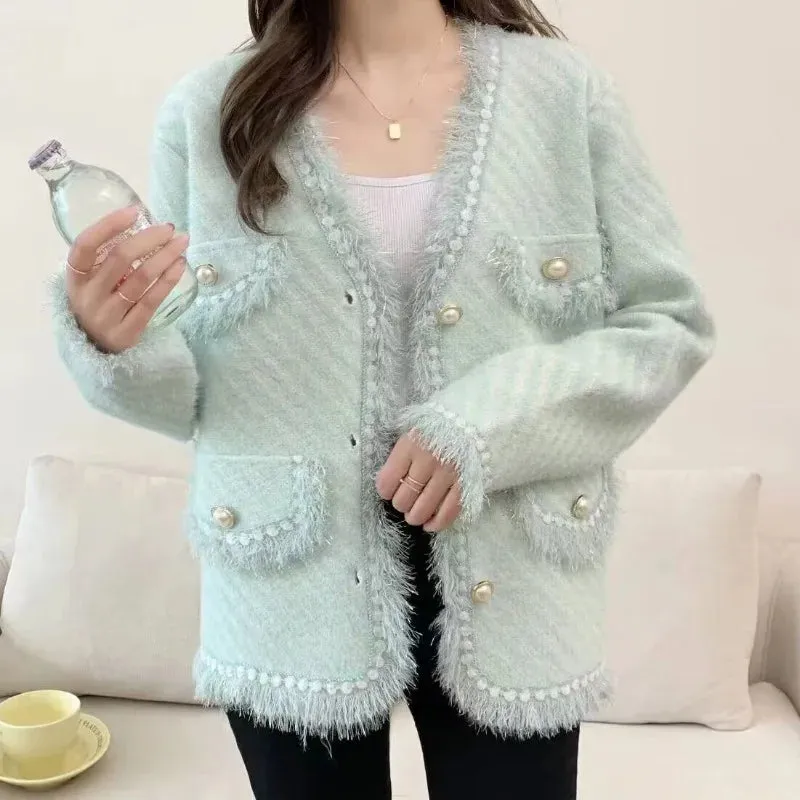 Znbbw Mink Fleece Knitted Cardigan Women 2024 Autumn/Winter Long Sleeve Fragrance Coat Temperament Versatile Tassel Female