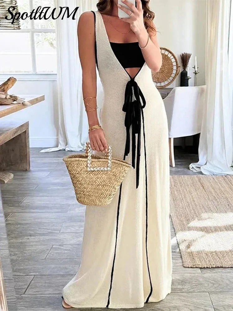 Znbbw Tie Knitted Deep V-neck Long Dress Women Sexy Slim Sleeveless Contrasting Robes 2024 Summer Lady Evening Party Vestidos