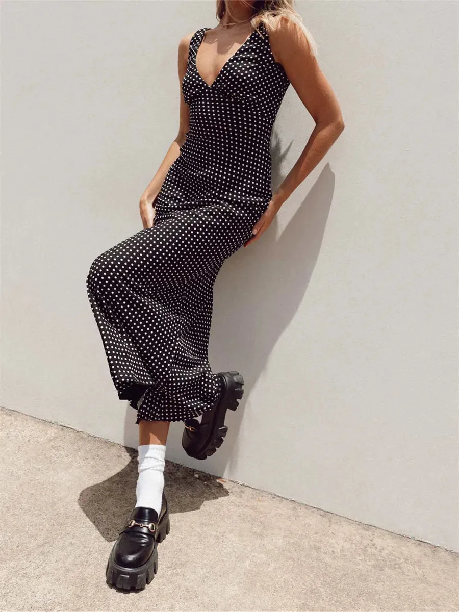 Znbbw Vintage Women Dots/Floral Pring Long Tank Dresses Sleeveless V Neck Wrapped Fishtail Dress vestidos