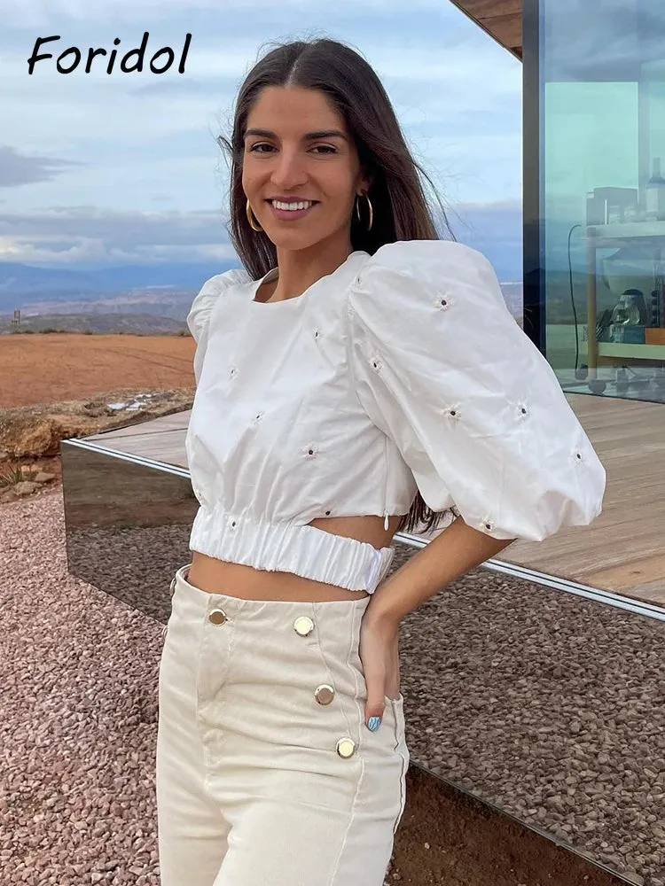 Znbbw Flower Embriodery Waist Sexy Hollow Out Crop Tops Blouse Hlaf Slevee Side Zipper High Fashion Mujer Clothing White Blusa