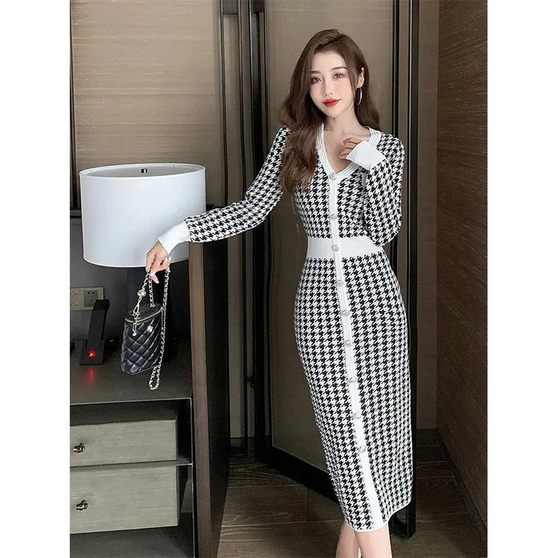 Znbbw Plaid Knitted Midi Dress Women Bird Lattice Sweater A Line Dresses Korean Elegant V Neck Patchwork Bodycon Vestidos New
