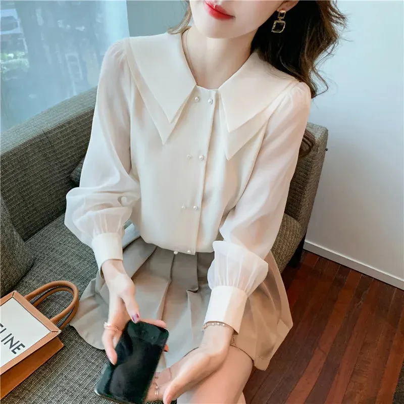 Znbbw Sleeve Chiffon Blouse Shirt Women Tops Blouse Women Blusas Mujer De Moda 2023 Turn Down Collar Blouse Women Blouses E400