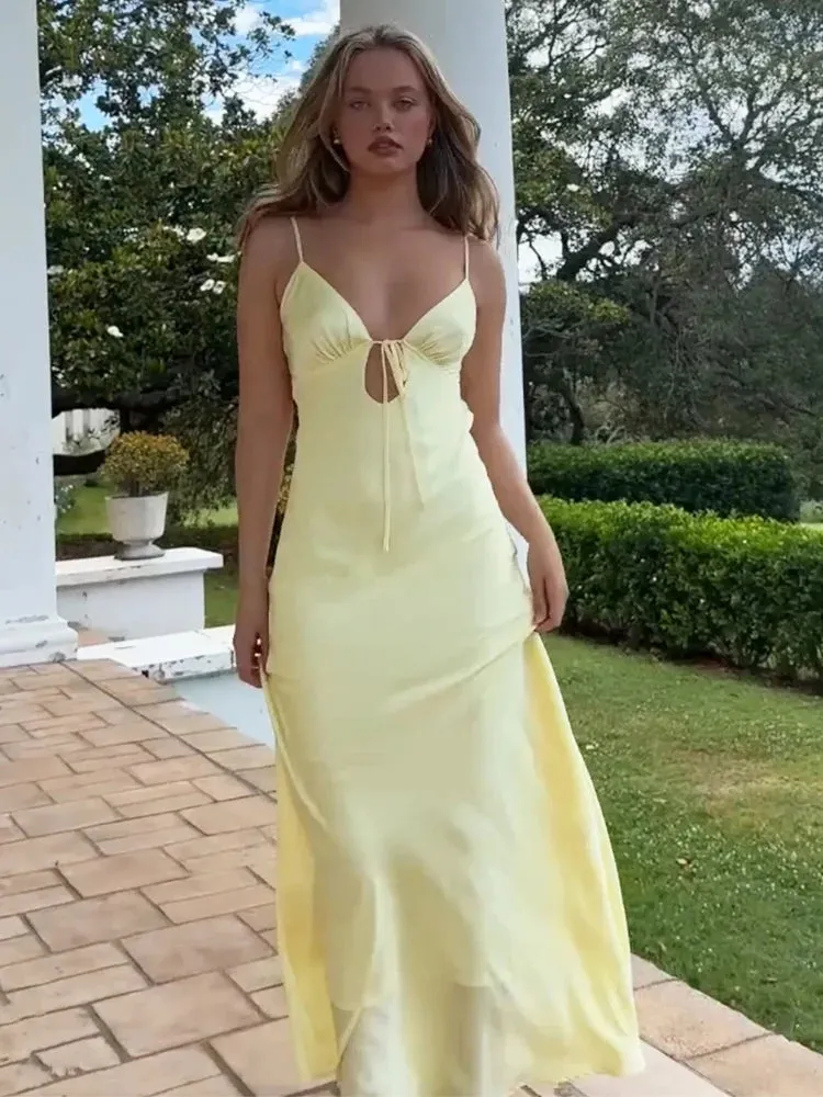 Znbbw Neck Yellow Backless Satin Party Dress Women Sleeveless Summer Dress Vestidos Mujer Bowknot Elegant Sexy Sundress Beach 2024