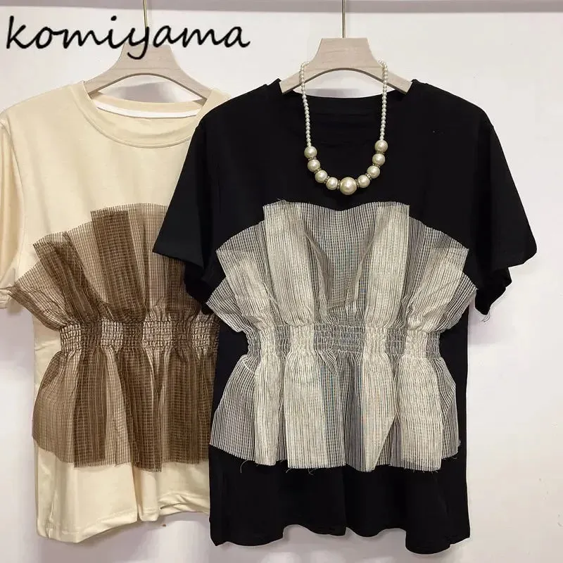 Znbbw Summer Hit Color Fake Two Tees Patchwork Mesh Y2k Tops Round Neck Short Sleeve Ropa Mujer Fashion Causal T Shirt