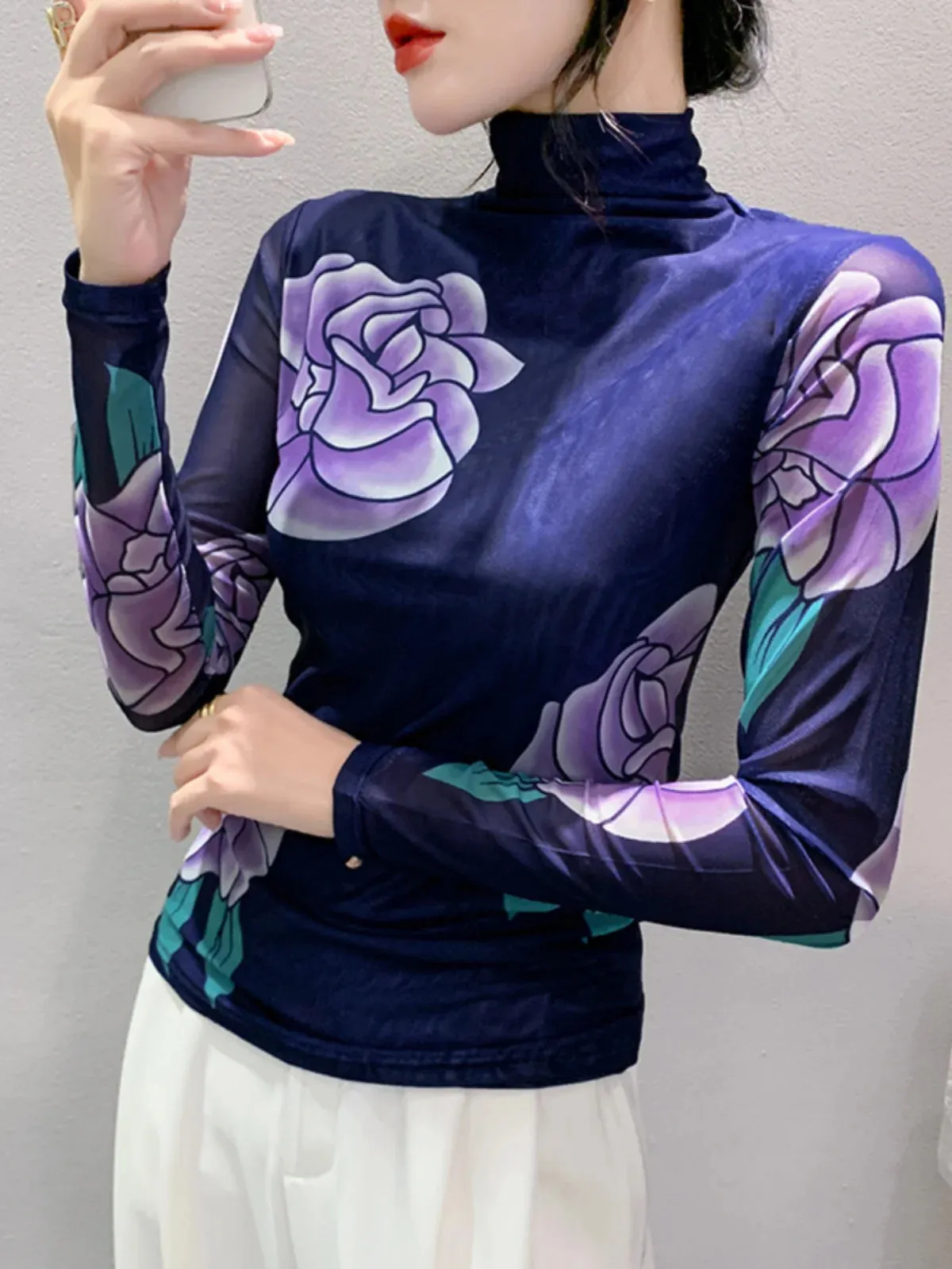 Znbbw Women's Fashion Autumn Spring Long Sleeve Turtleneck Mesh T-shirt Women's Positioning Printing Flowers TShirts