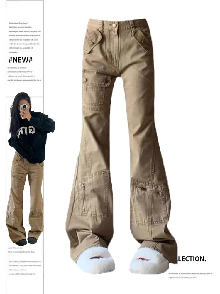 Znbbw Women Khaki Flare Cargo Jeans Vintage Korean High Waist Cowboy Pants Harajuku Denim Trousers 90s Aesthetic Y2k Emo 2000s Clothes