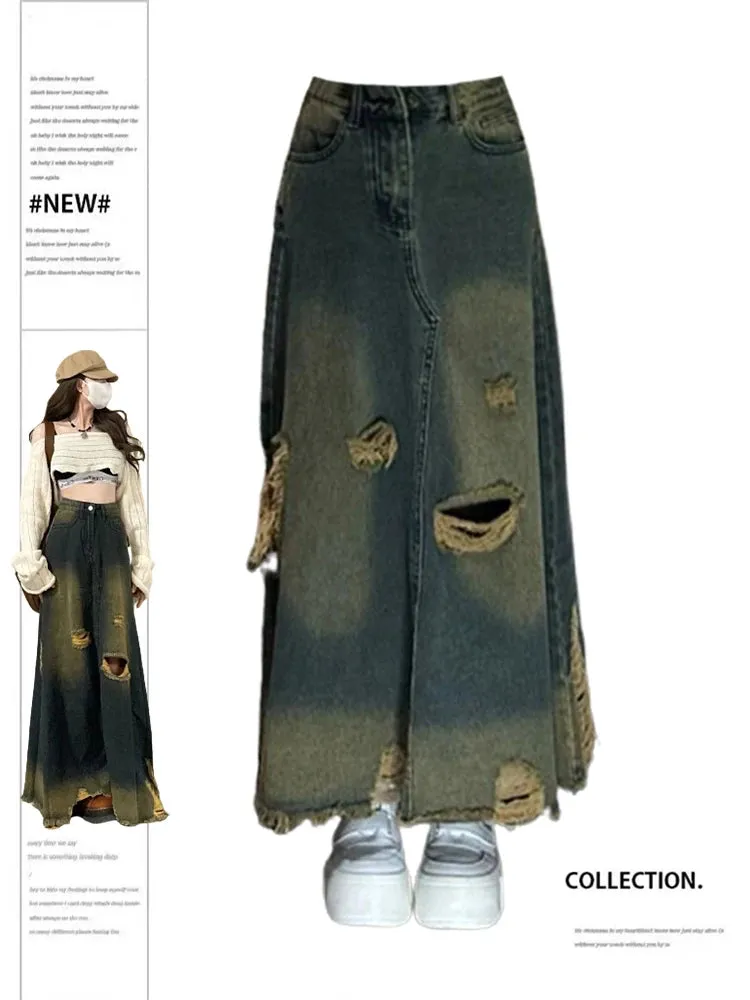 Znbbw Women's A-Line Denim Skirts Y2k Harajuku Korean Vintage 90s Oversize Ripped High Waist Long Jean Skirt 2000s Trashy Clothes 2024