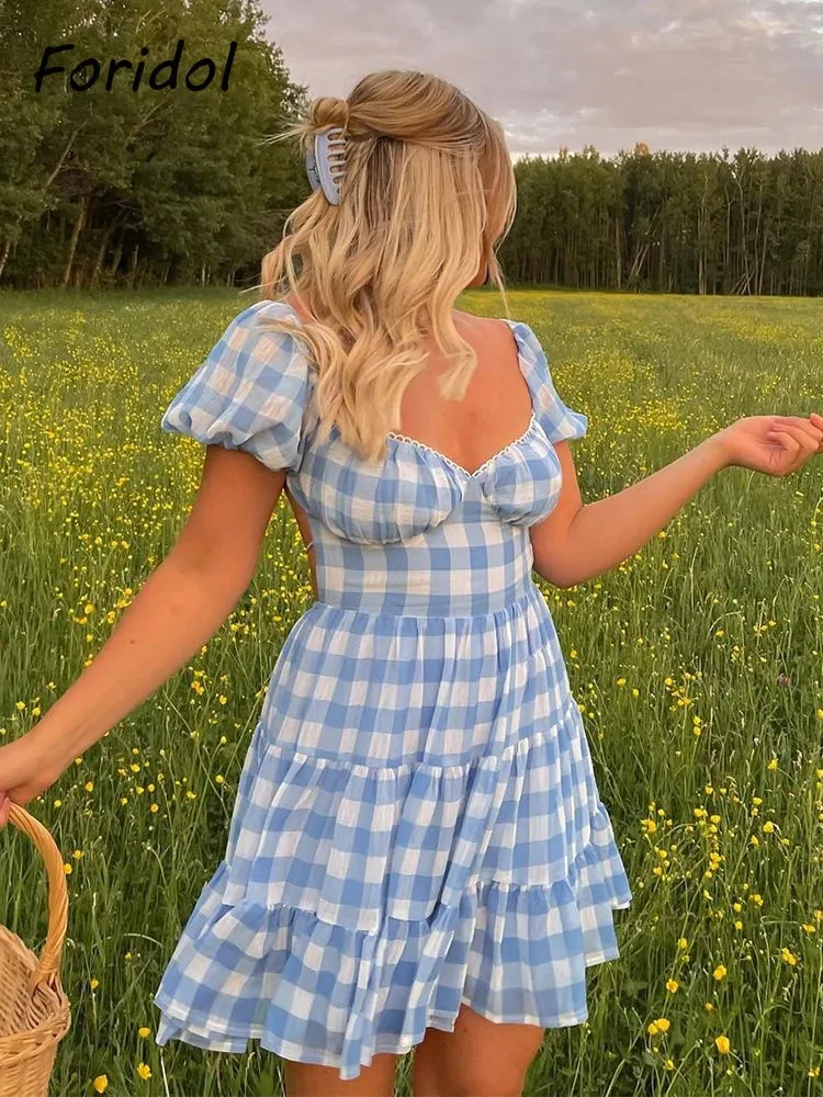 Znbbw Lace Up Backless Gingham Chiffon Summer Dress Vintage A-line Puff Sleeve Plaid Short Dress Chic Blue Holiday Dress 2024