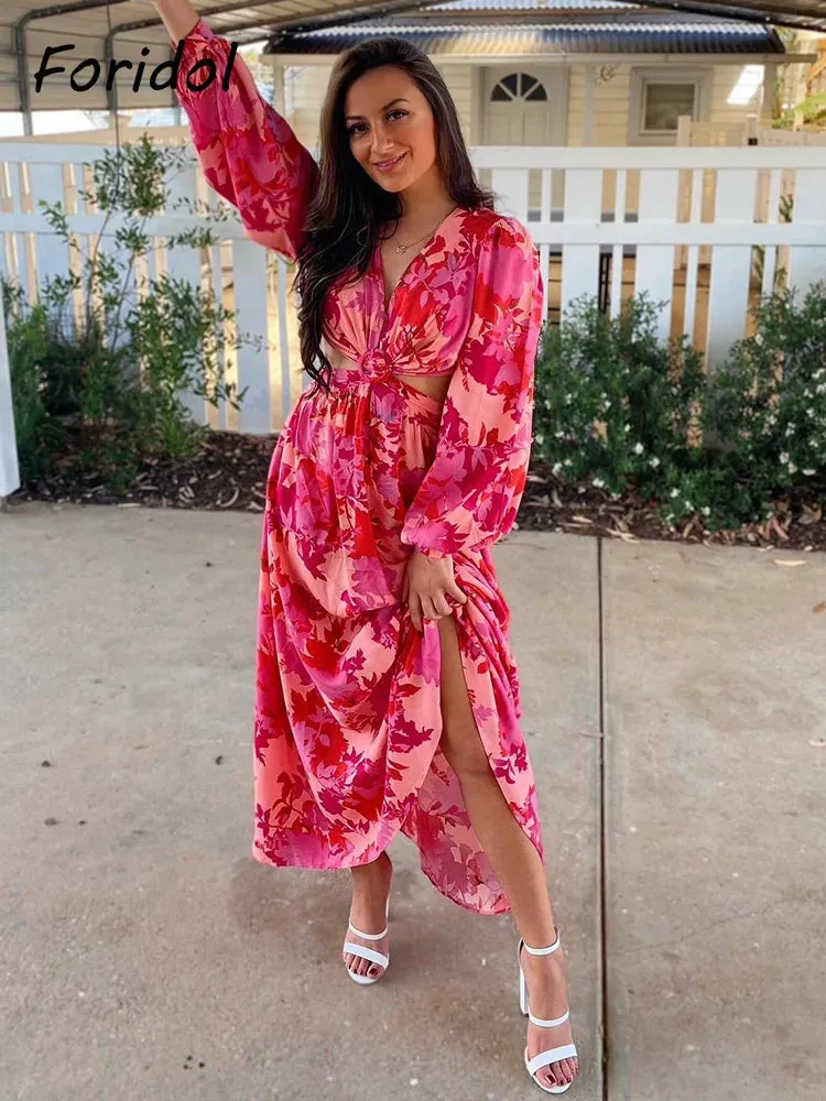 Znbbw Cut Out Backless Sexy Summer Maxi Dress Elegant Deep V Neck Holiday Long Dress Red Black Boho Floral Dress Women 2024