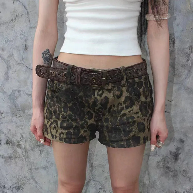 Znbbw Leopard Printed Denim Shorts Women Y2k Vintage Low Waist Streetwear Casual Wide Leg Shorts Summer American Chic Jean Shorts