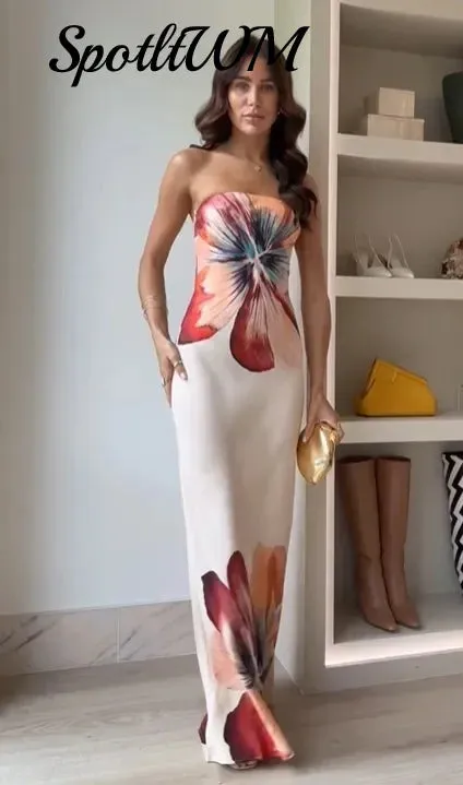 Znbbw Women Elegant Printed Strapless Slim Maxi Dress Sexy Off Shoulder Backless Long Dresses 2024 Summer Chic Female Club Party Robes