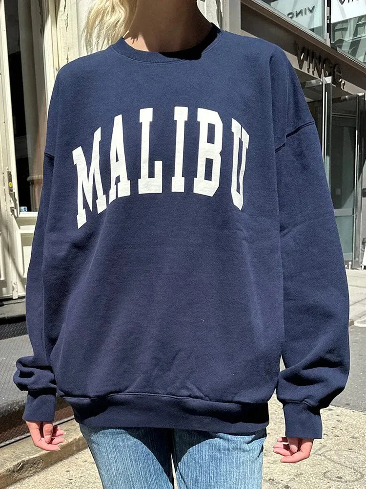 Znbbw Letter Graphic Sweatshirt Autumn Cotton Round Neck Casual Loose Pullover Top Women Y2k Streetwear Vintage Oversized Tops