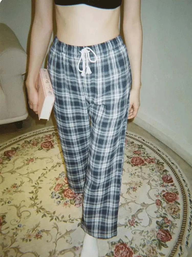 Znbbw Plaid Drawstring Casual Pants Women Autumn Soft Cotton Baggy Comfort Sweatpants Harajuku Streetwear Straight Trousers