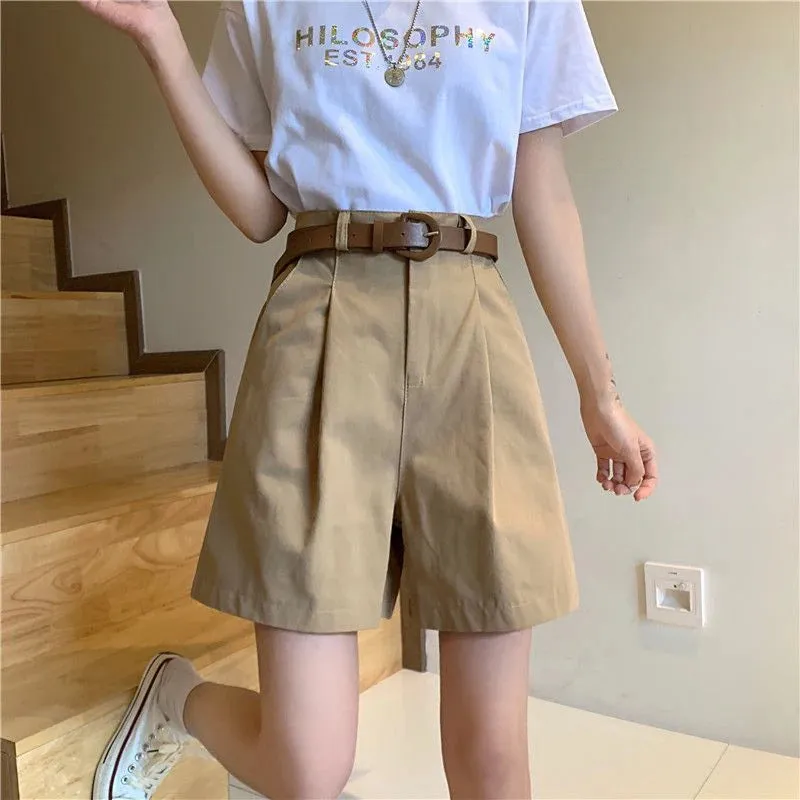 Znbbw Pure Cotton Shorts Women Korean Belt Black Wide Leg Suit Shorts S-3Xl Ladies Fashion Elegant White Baggy Short Pants New