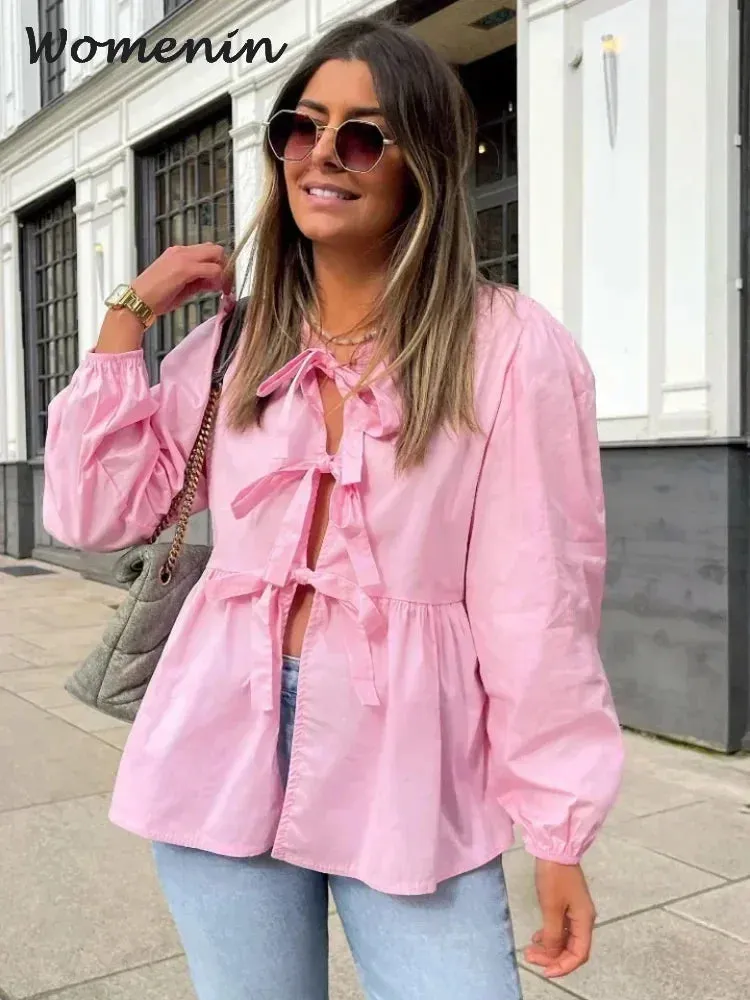 Znbbw Leopard Print Bow Women Shirts Casual Long Sleeve O-neck Lace Up Blouses 2024 Spring Summer Retro Hollow Out Female Top