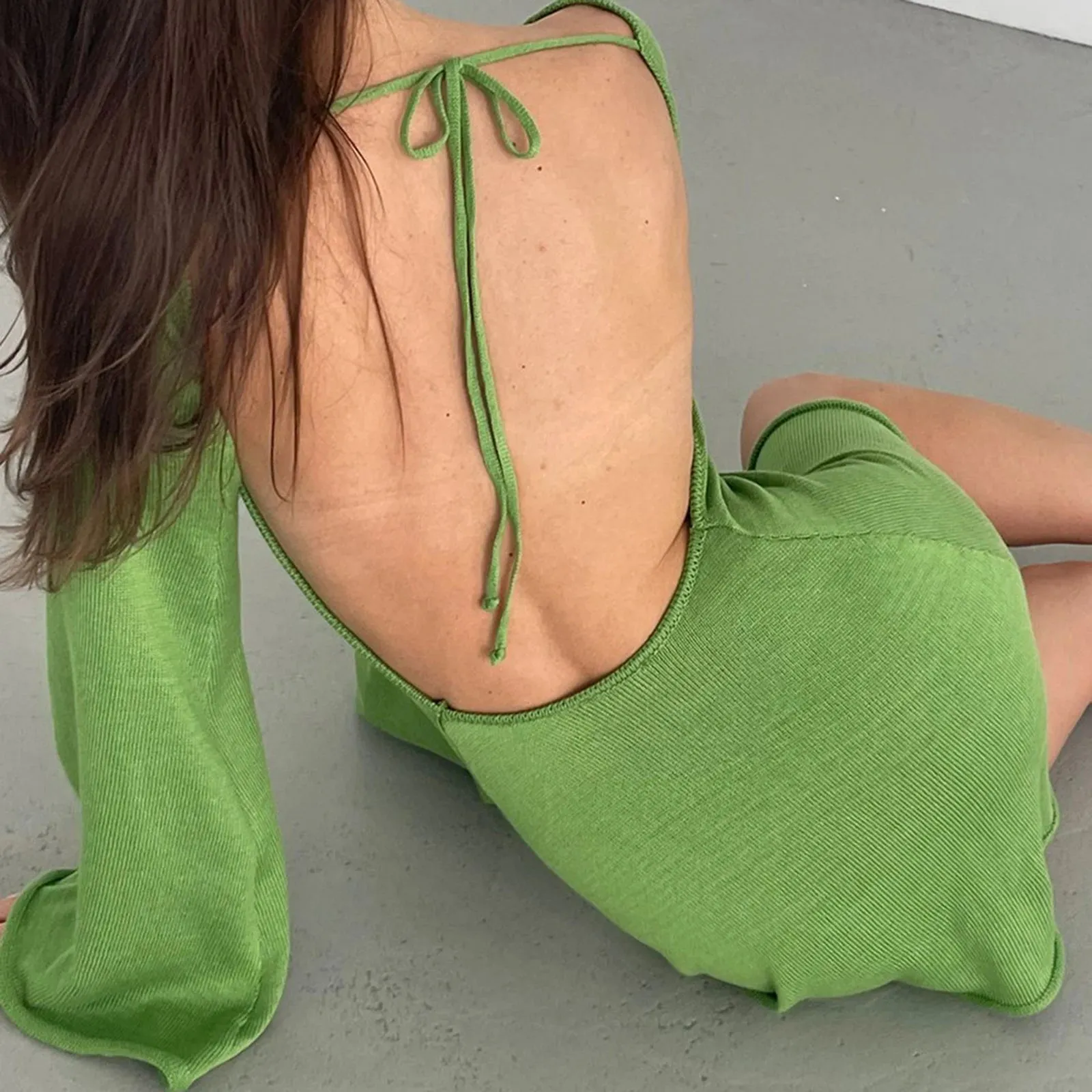 Znbbw Women Knitted Dress Casual Solid Color Backless Long Sleeve Mini Party Dress for Beach Cocktail Club Streetwear