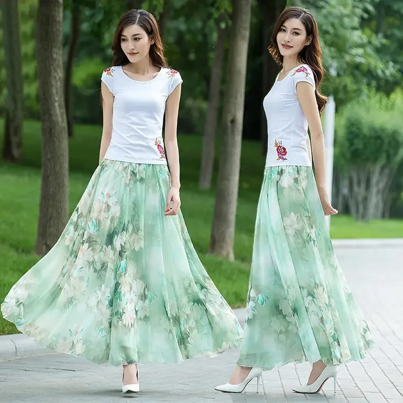 Znbbw High Waist Skirts Womens Summer Autumn Elastic Waist Full Long Skirt Print A-Line Mother Dance Skirts Swing Chiffon Skirt