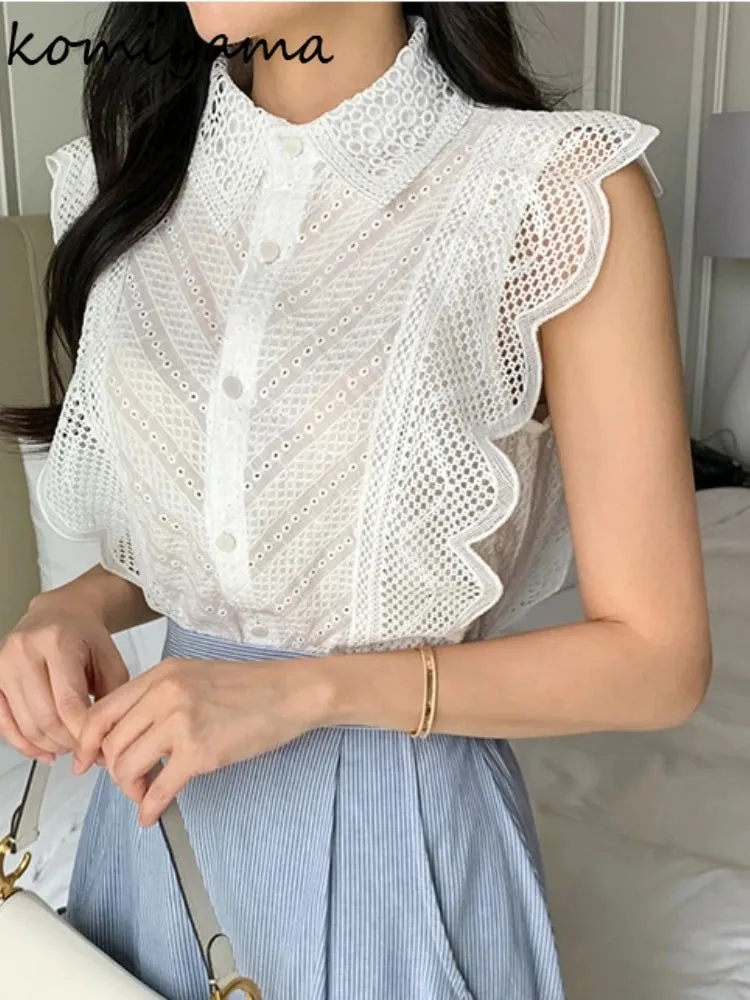 Znbbw Ruffles Shirts & Blouses Turn Down Collar Blusas Sleeveless Camisas Gentle Ropa Mujer 2024 Summer Single Breasted Tops