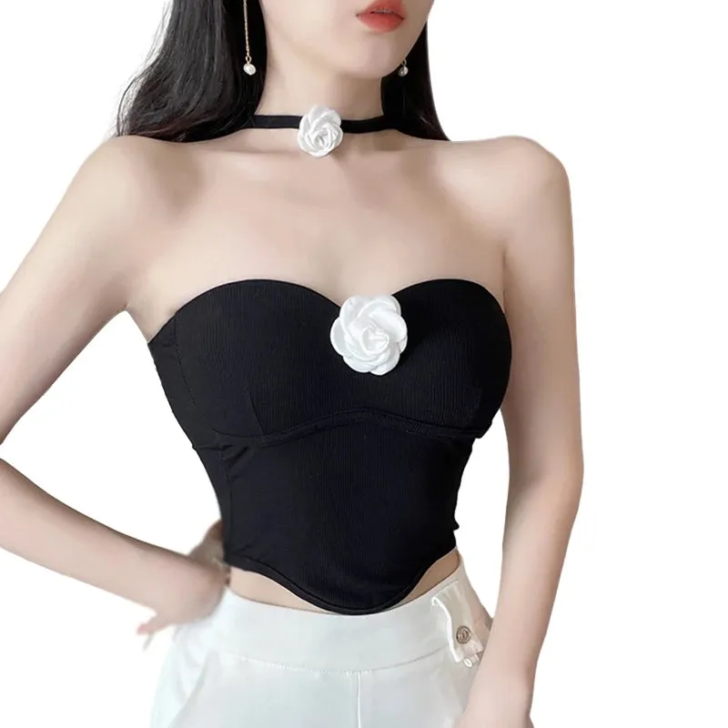 Znbbw Women's Korean Version Solid Color Neck Strap Slim Fitting Sexy Knitted Sleeveless Strapless Tank Top
