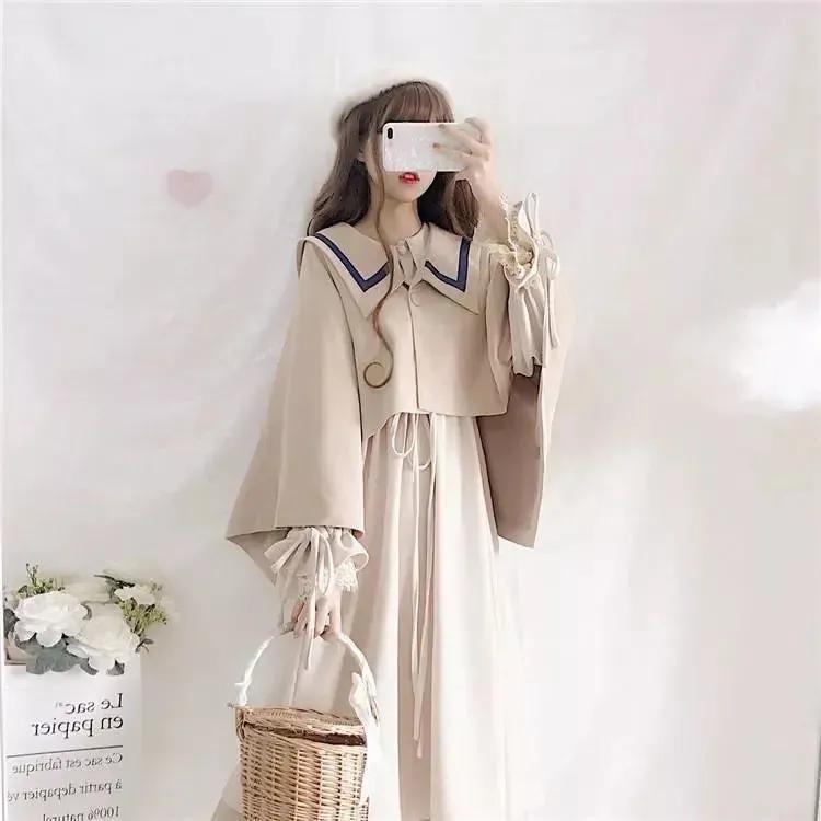 Znbbw Dress Suits 2023 Spring Autumn New Japan School Girl Student Doll Collar Long Sleeve Dress + Cape Shawl Two-piece Set
