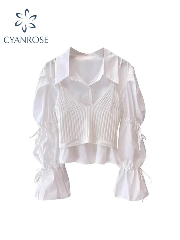 Znbbw Women White Two Piece Set Shirt and Blouses Ladies Harajuku Elegant Y2k 90s Aesthetic Vintage Long Sleeve Shirt Top Clothes