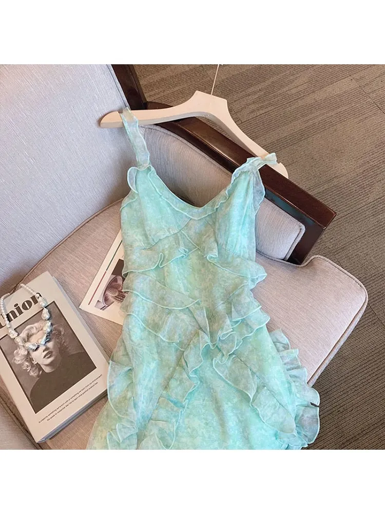 znbbw Summer Women's Vintage Elegant Light Green Dress Casual Spaghetti Strap Sleeveless Camisole Suspender Female Dresses