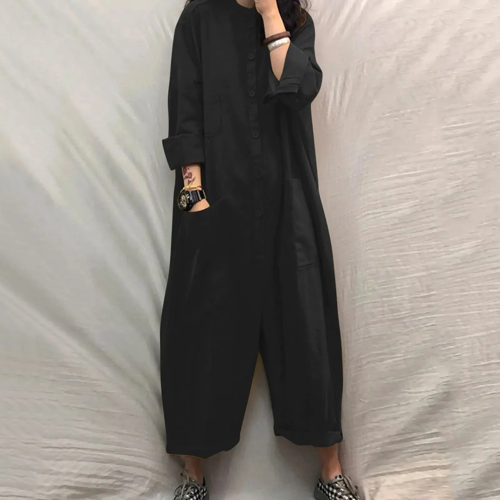 Znbbw New Women Oversized Jumpsuit Female Loose Baggy Long Romper Simple Pockets Overalls Casual Solid Stand Collar Jumpsuits