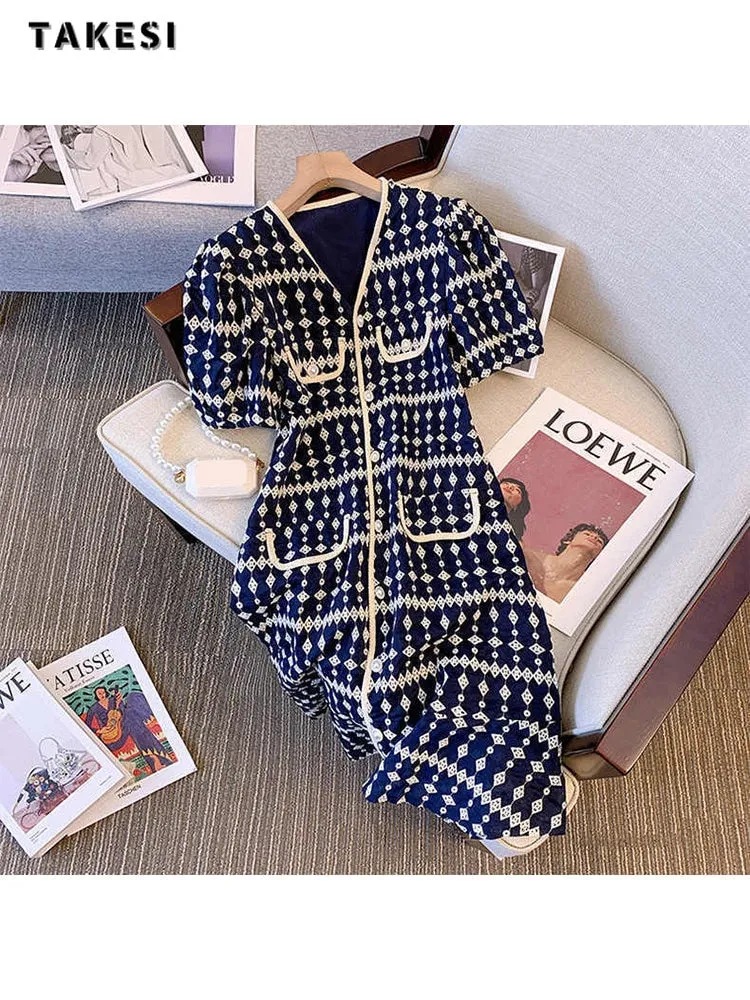 znbbw Summer Vintage Short Sleeve V-neck Geometric Print Mid Long Dresses Women's Elegant Classic Office Lady A-Line Ladies Dress