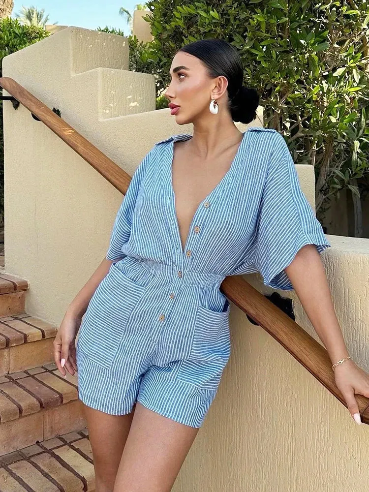 Znbbw Turn-down Collar Summer Linen Romper Women Stripes Pocket Casual Wide Leg Batwing Sleeve Blue Playsuit Button Jumpsuit