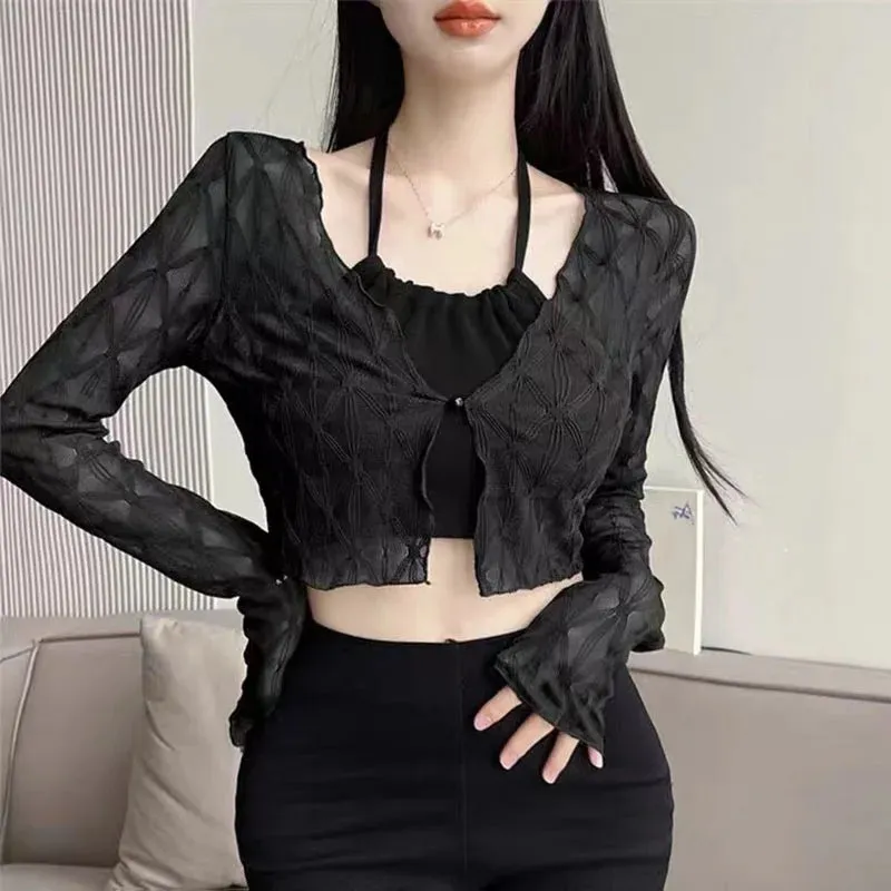 Znbbw Thin Sun Protection Cardigan Women Korean Loose V-neck Lace Crop Tops Y2K Ladies Fashion Argyle All-match Cardigan New