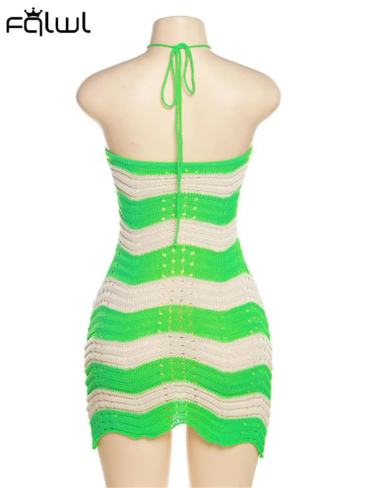 znbbw Summer Sexy Halter Bodycon Mini Dresses For Women 2023 Club Sleeveless Bandage Knit High Waist Mini Dress Striped Dress