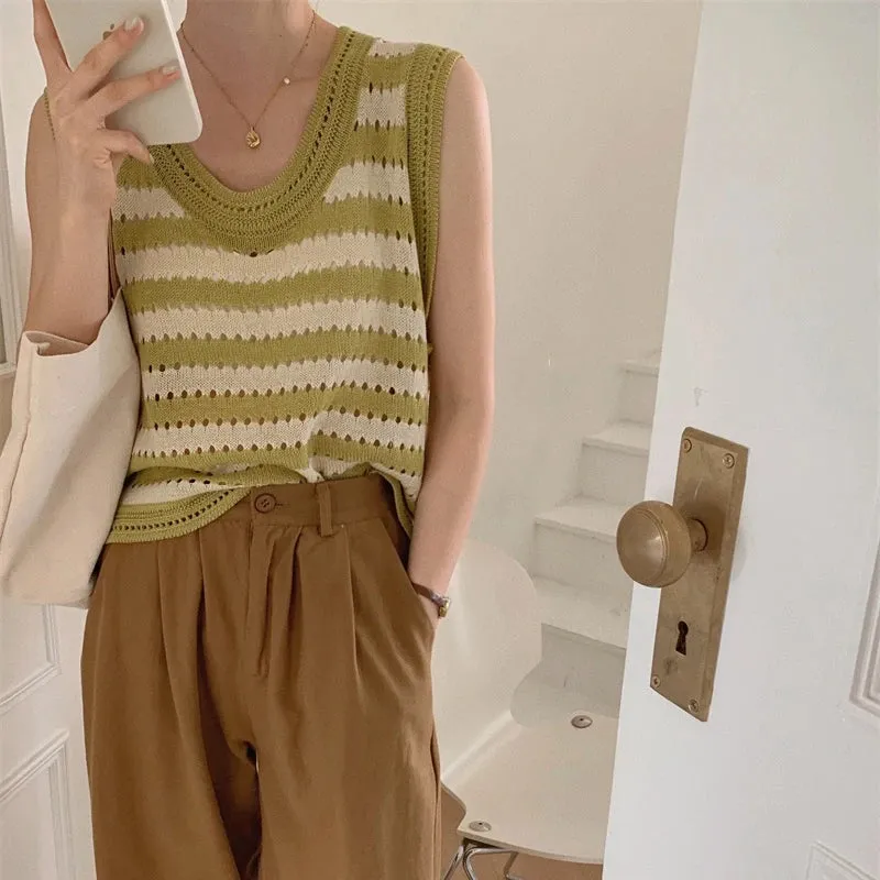 Znbbw Summer Women Hollow Out Camis Korean Fashion Striped Knitted Tanks Casual Female All Match Sleeveless Tops New